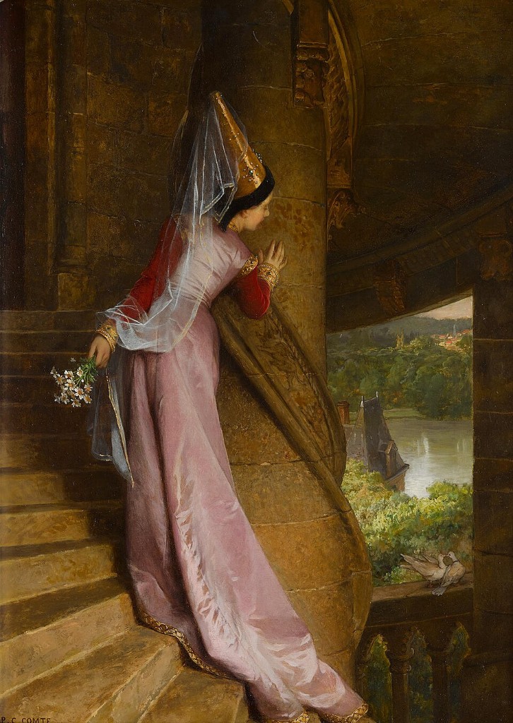 Pierre-Charles Comte painting of a woman in a medieval gown looking out a castle window, holding daisies.