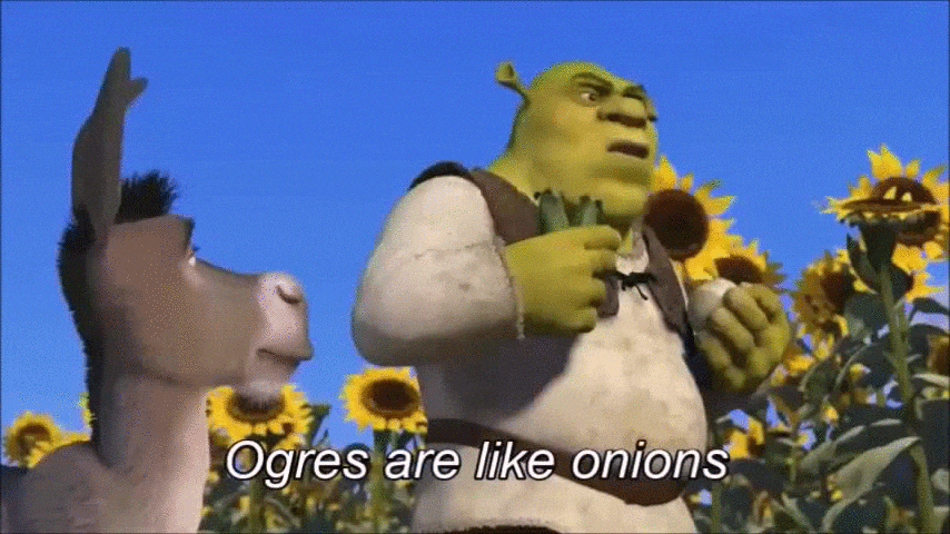 Animated clip of Shrek holding onions in a sunflower field, with the subtitle Ogres are like onions.